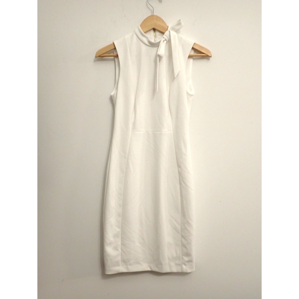 Calvin Klein Size 2 Tie Neck Sleeveles Sheath Dress White Cream Zippered Back